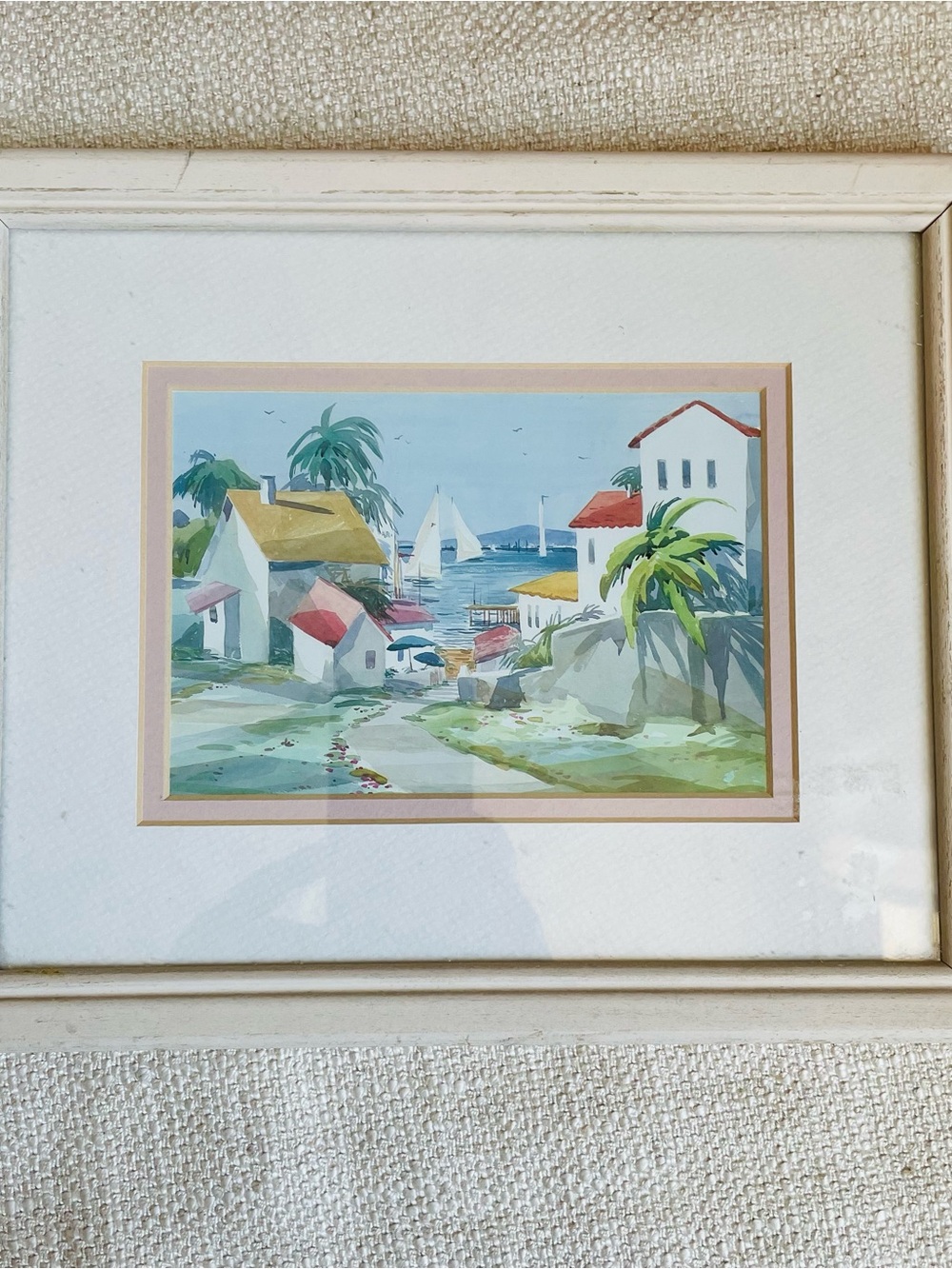 Vintage Coastal Village Watercolor Framed Print Pastel Sea Greens & Blues 11x9"